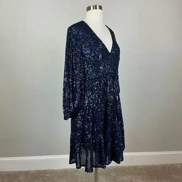 Eliza J Sequined Long Sleeve A-Line V-Neck Mini Cocktail Dress Navy Blue Size 8 - Picture 3 of 13